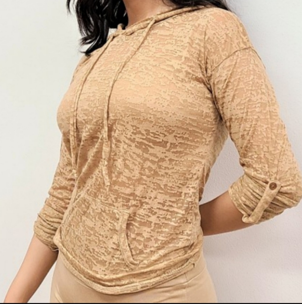 LAST ONE! New Burnout Semi Sheer Camel Tan Long Sleeve Hoodie
